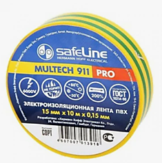 Изолента Safeline желто-зеленая 15мм*10м 